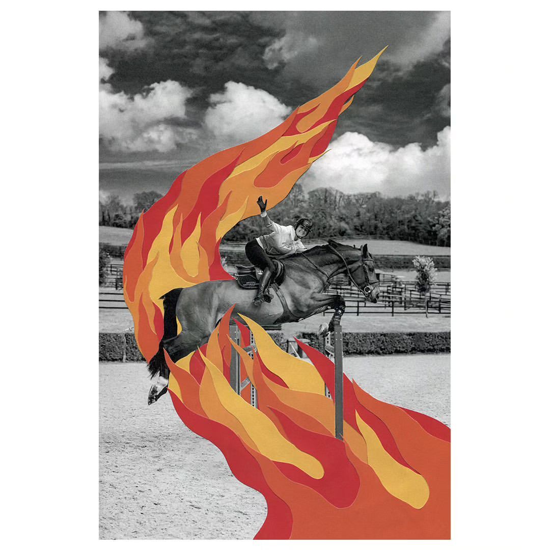 Illustration of a horse and rider jumping over an obstacle, enhanced with a collage effect of fiery abstract shapes in an outdoor setting.
