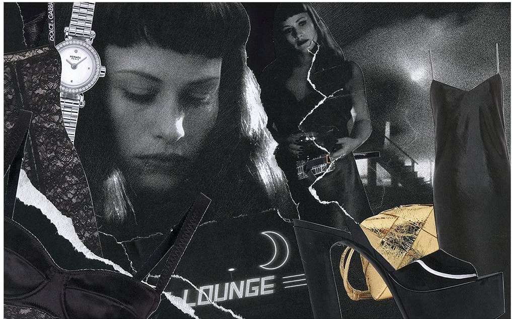 Fashion collage in black and white featuring two women, a dress, jewelry, a high-heeled shoe, and the text 'Lounge'.