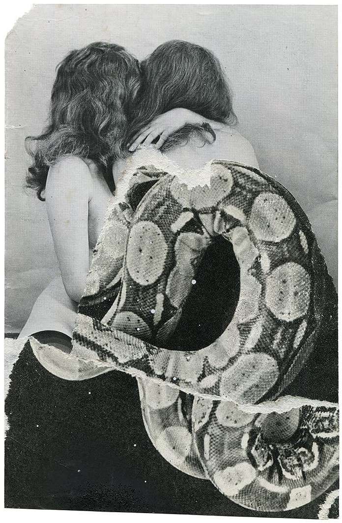 Two women embrace with a snake draped across them. Black and white collage art. Intimate, close, romantic. Retro, vintage style.