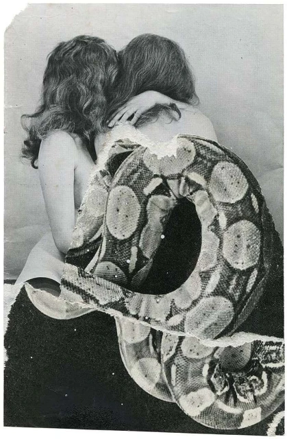 Two women embrace with a snake draped across them. Black and white collage art. Intimate, close, romantic. Retro, vintage style.