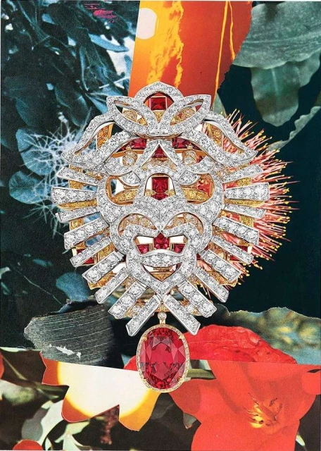 Collage of a gold and diamond brooch with a red gemstone, overlaid on vibrant floral and botanical backgrounds, creating a luxurious aesthetic.
