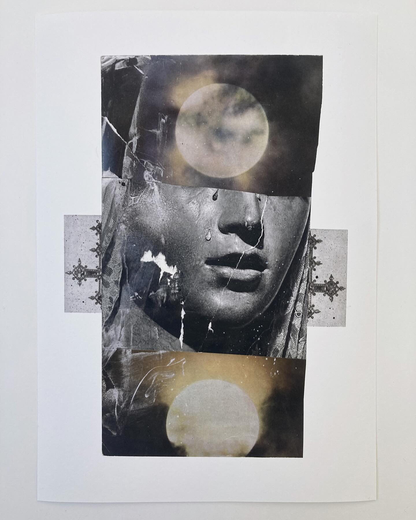 Black and white art collage featuring a woman's face, tears, crosses, and full moons against a white background.