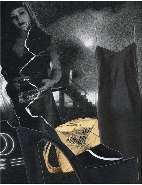 Collage with a woman in a dress, a slip dress on a hanger, and a high-heeled shoe with a gold design against a textured background.