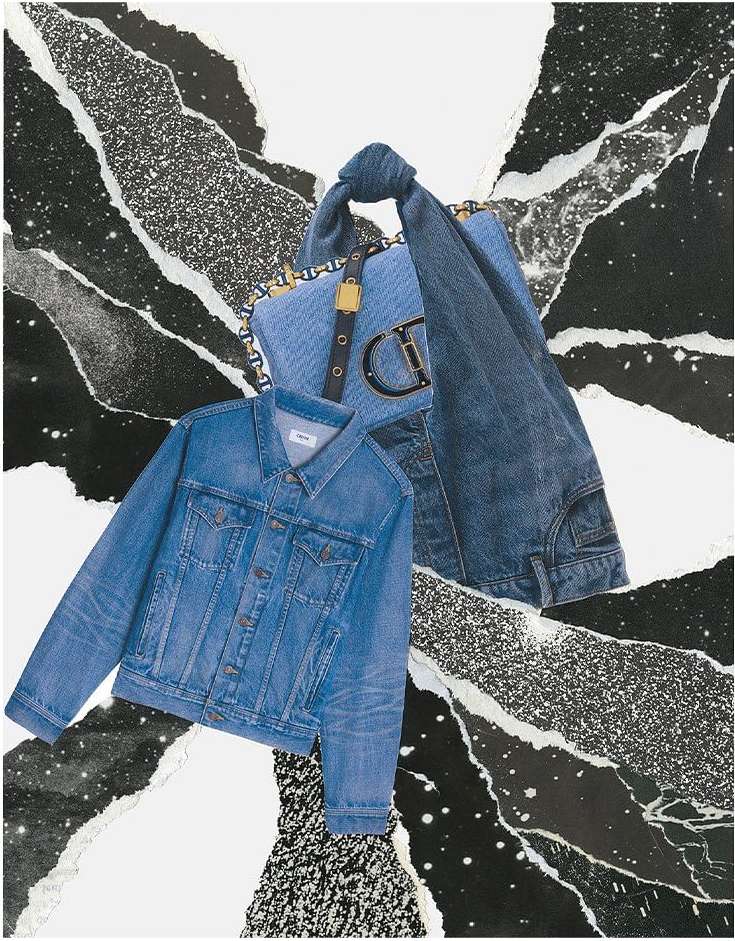 Denim collage featuring a denim jacket, handbag, and other jean pieces against a black and white background with a paper art aesthetic.