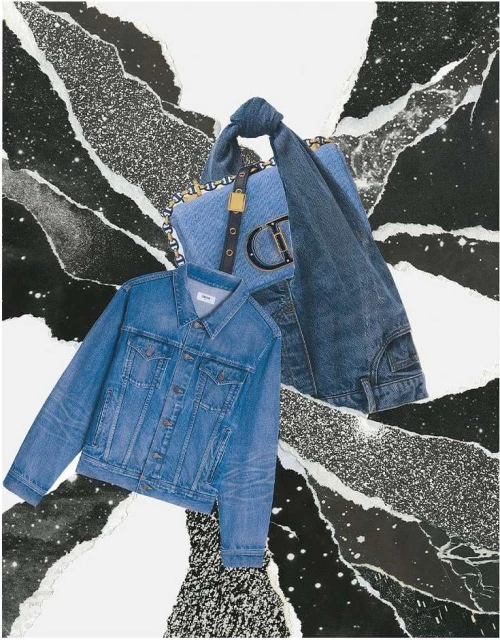 Denim collage featuring a denim jacket, handbag, and other jean pieces against a black and white background with a paper art aesthetic.