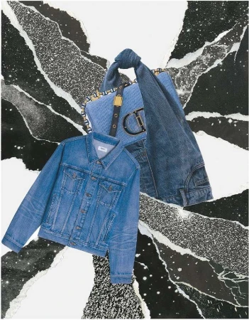 Denim collage featuring a denim jacket, handbag, and other jean pieces against a black and white background with a paper art aesthetic.