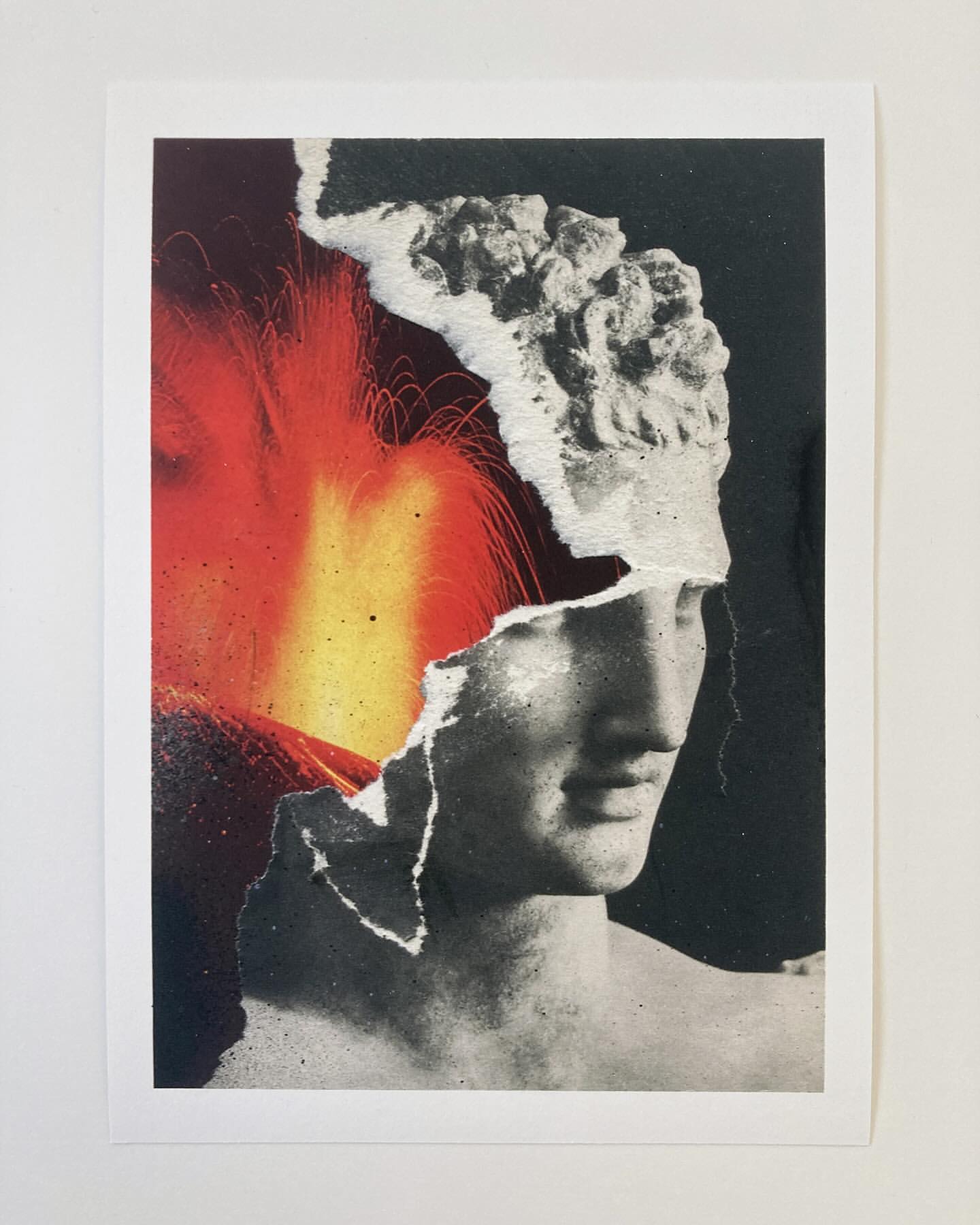 Surreal collage artwork with a torn poster effect: the upper right shows a statue bust and the left shows a fiery volcano eruption.