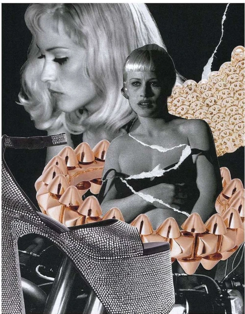 Collage featuring two women's portraits, a platform sandal with rhinestones, gold spike-like objects, and torn paper on a dark background.