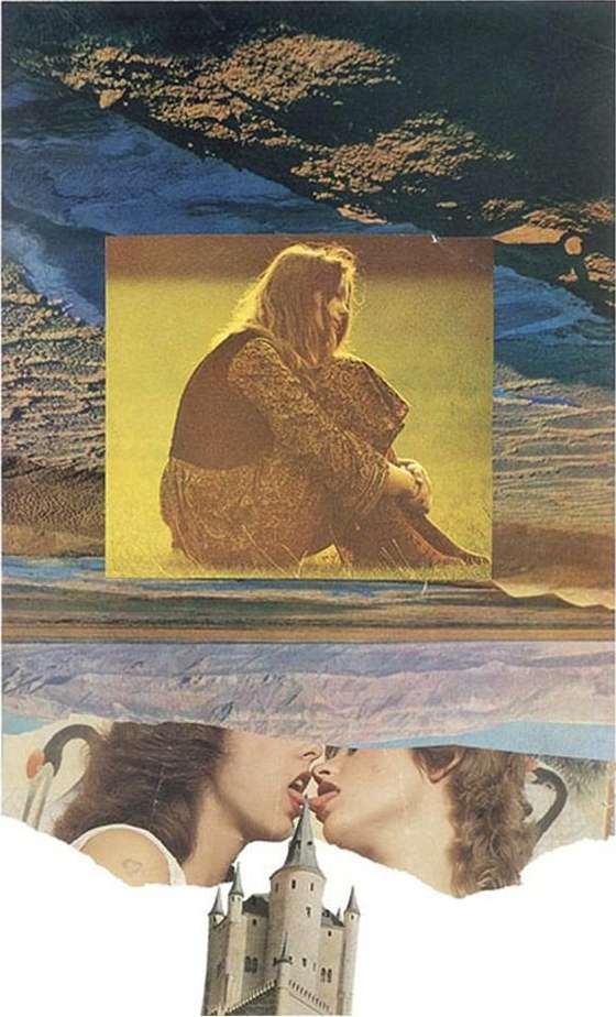 Art collage featuring a woman on grass, a landscape, and a kissing couple with a castle in a creative, surreal composition.