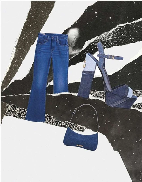 Denim fashion collage featuring jeans, a handbag, and a heeled shoe against a white and black background with artistic textures and patterns.
