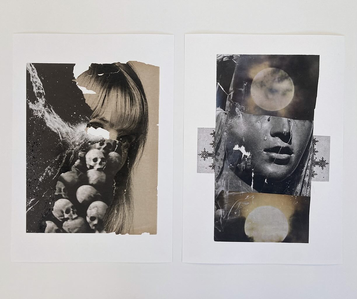 Collage art featuring a woman's face partially obscured by skulls, paired with another face fragment with moons, both on white backgrounds.