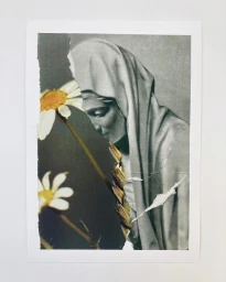 Torn paper art collage by Julien Langendorff featuring a black-and-white figure and white daisy flowers