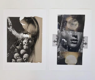 Two black and white surreal paper collage artworks featuring female portraits combined with skulls and moon imagery by Julien Langendorff