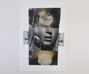 Mixed media art collage by Julien Langendorff featuring a central monochrome face fragment framed by celestial moon imagery.