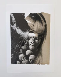 Black and white mixed media collage artwork by Julien Langendorff featuring torn paper, human face, and skulls.