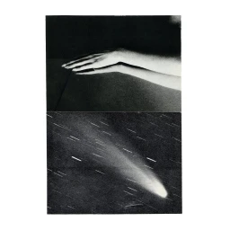 Black and white monochrome collage featuring two stacked panels showing human hands resting above a long-exposure star trail