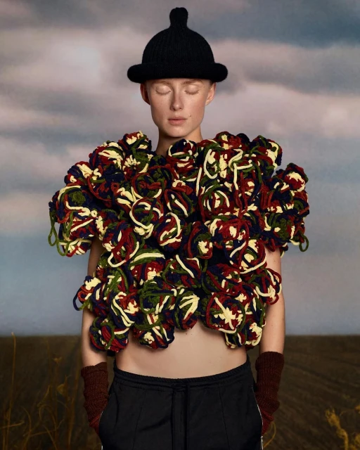 Person in a black hat and a yarn ball covering stands outdoors in a field, looking down with a cloudy sky in the background.
