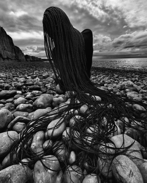 Monochrome portrait of a person with long braided hair seated on a pebble beach with rocky cliffs and cloudy sky in the background.