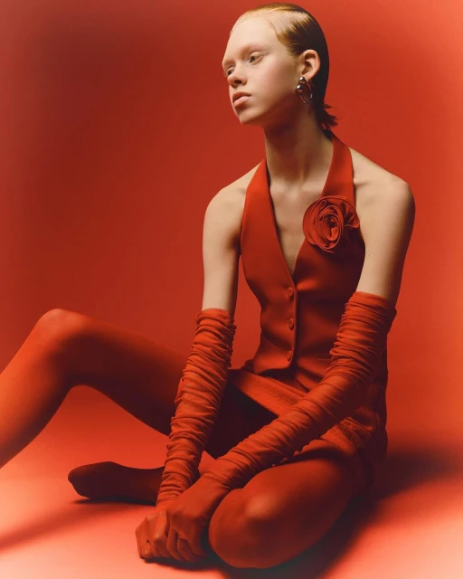 Fashion editorial shot of a fair-skinned young woman in a red vest and leggings, posing against a red backdrop in a studio setting.