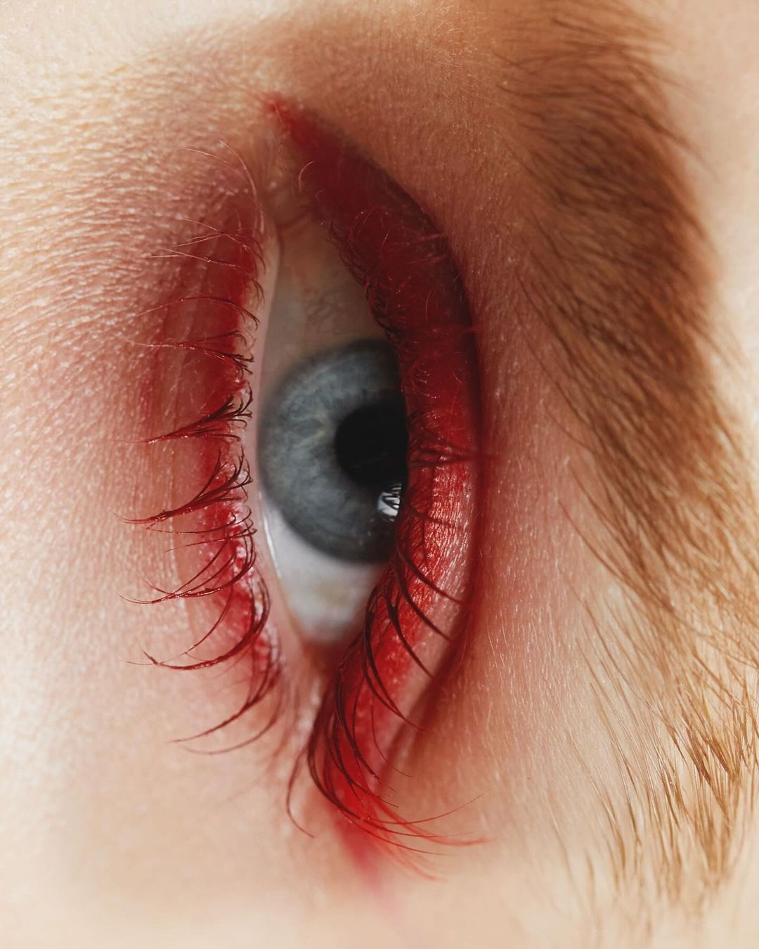 Close-up of a blue eye with red eyeliner and eyelashes, pale skin, and light brown eyebrow hairs, studio lighting.