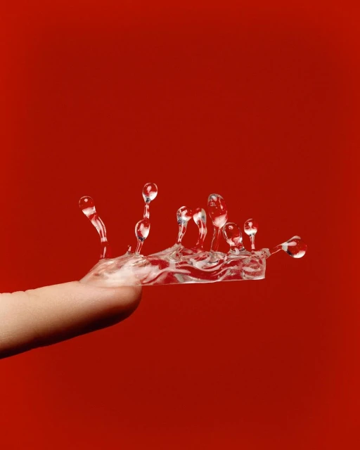 Water droplets form abstract shapes on a finger against a vibrant red backdrop, showcasing liquid motion and surface tension.