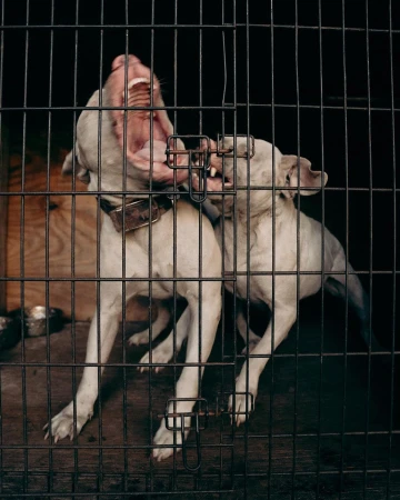 Two dogs inside a wire cage, with one dog showing its teeth and open mouth in an indoor setting with dark background.