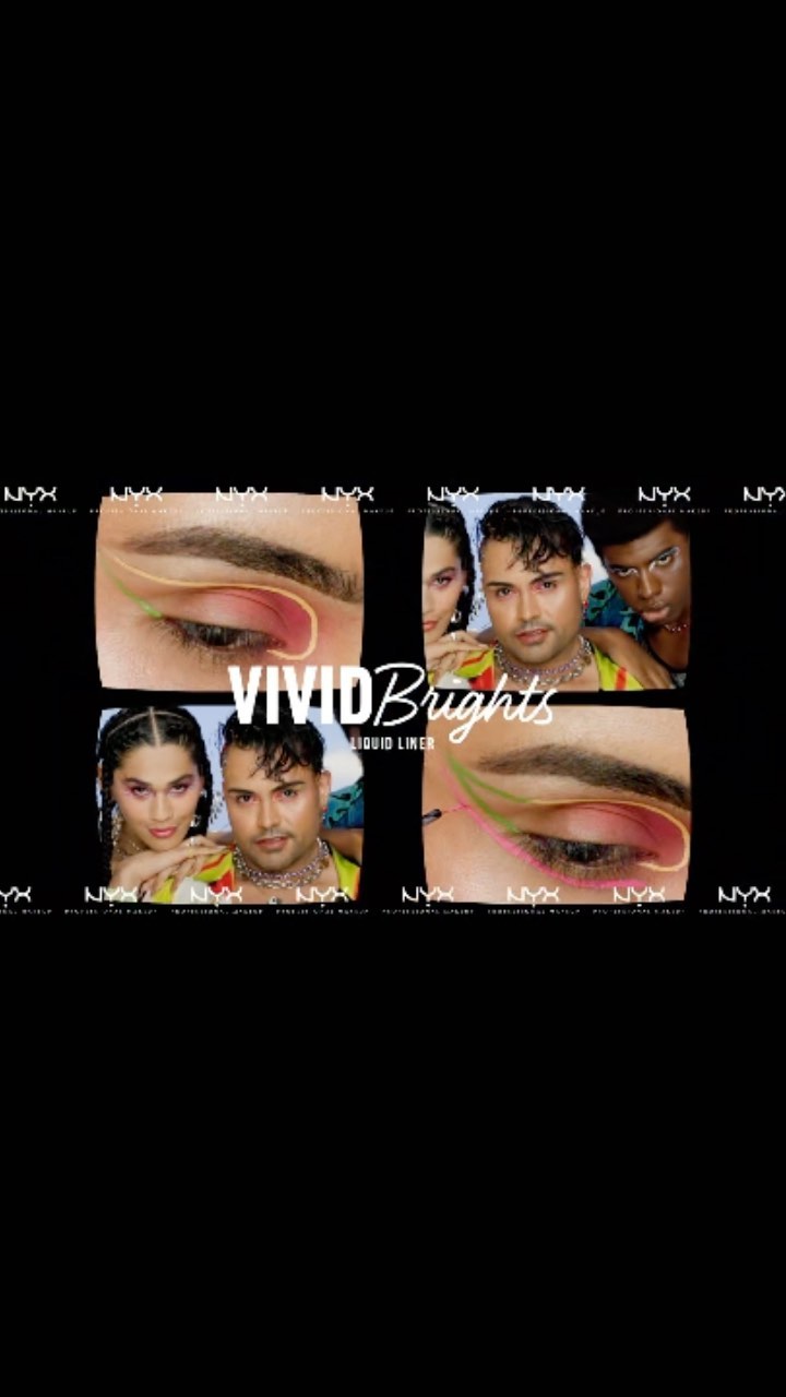 Cosmetic ad featuring eye makeup details, diverse models, and NYX brand, promoting vivid bright liquid eyeliner.