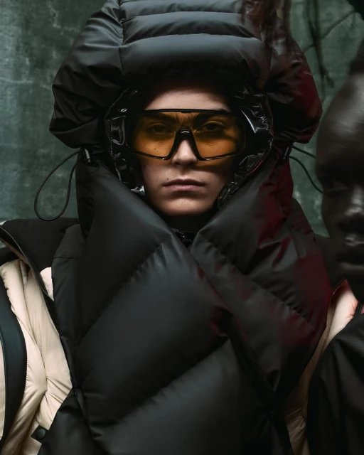 Close-up of a person with yellow tinted glasses wearing a black puffy coat and hood standing next to a dark-skinned person.
