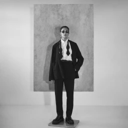 Monochrome portrait of a person wearing an oversized suit jacket, trousers, white shirt, and sunglasses in a studio setting.