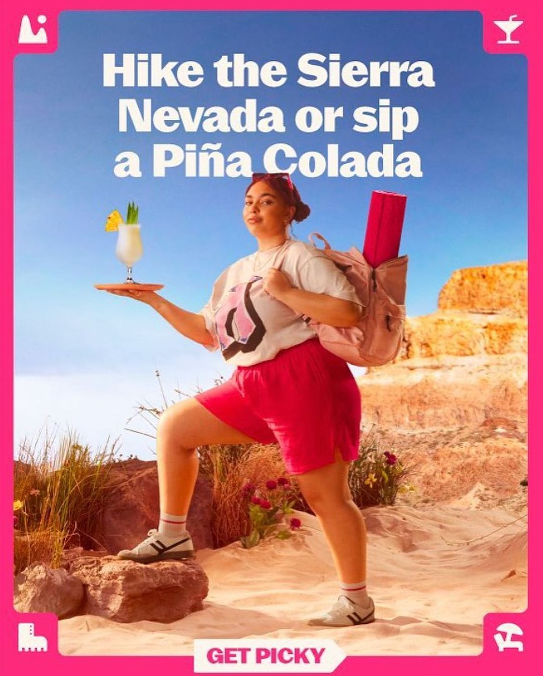 Woman with backpack and Piña Colada strikes hiking pose outdoors in sunny weather. Tourism and beverage advertising concept.