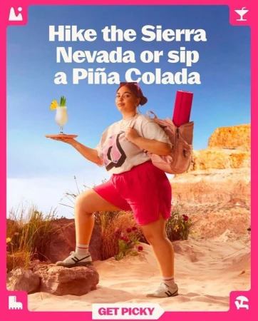 Woman with backpack and Piña Colada strikes hiking pose outdoors in sunny weather. Tourism and beverage advertising concept.