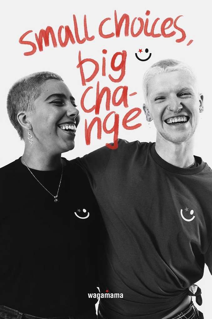 Two smiling adults, one fair-skinned and one darker-skinned, pose with arms around each other, wearing branded t-shirts with 'small choices, big change' text.