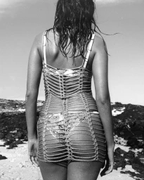 Monochrome rear view of a woman wearing a crocheted dress standing on a rocky coast against a pale sky.