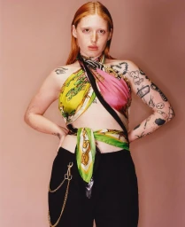 Red-haired female model with extensive tattoos wearing a colorful silk scarf top and black trousers against a neutral background.