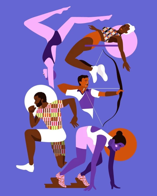 Illustration of athletes performing gymnastics, archery, running poses against a purple backdrop with graphic design elements.