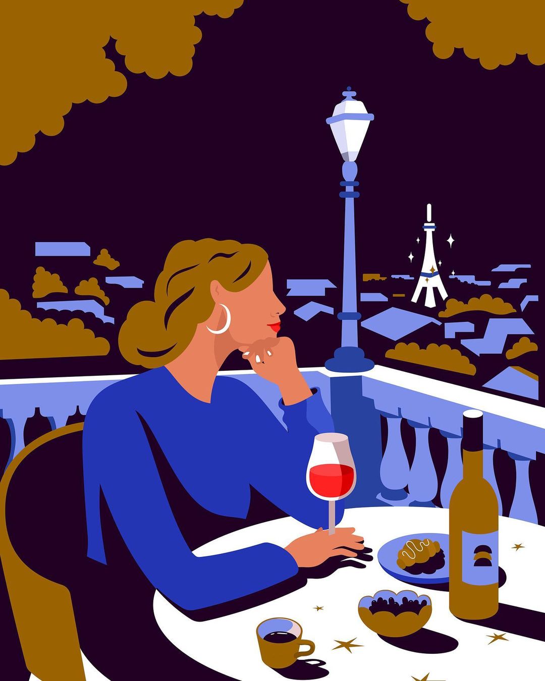 Illustration of a woman at an outdoor cafe at night, with the Eiffel Tower in the background, enjoying wine and snacks.