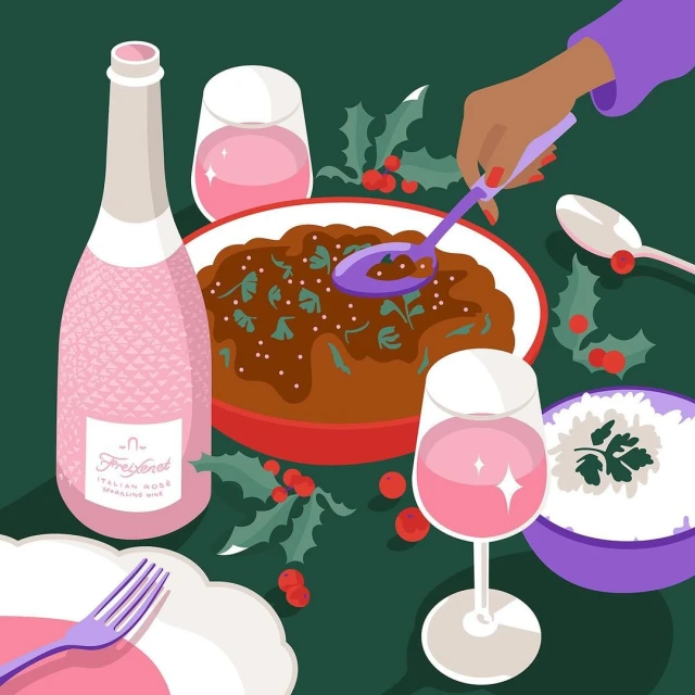 Illustration of an indoor holiday dinner scene with a champagne bottle, dish of stew, wine glasses, person serving food, and festive decorations.