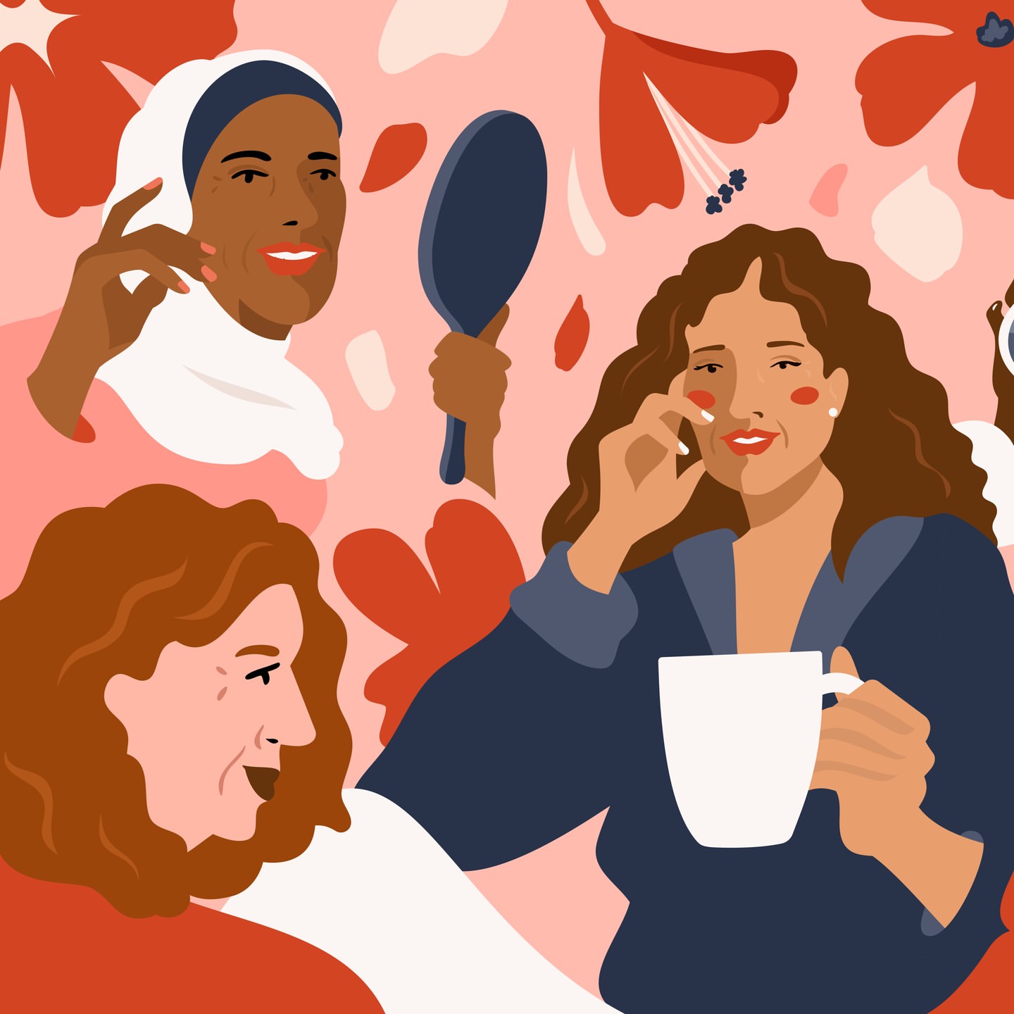 Illustration of diverse women applying makeup and holding a mug, against a floral background, promoting beauty and self-care.