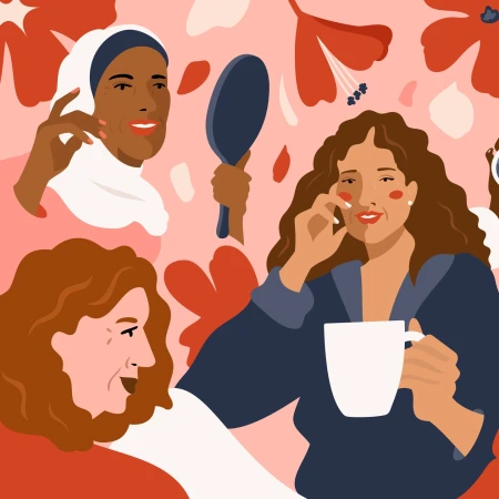 Illustration of diverse women applying makeup and holding a mug, against a floral background, promoting beauty and self-care.