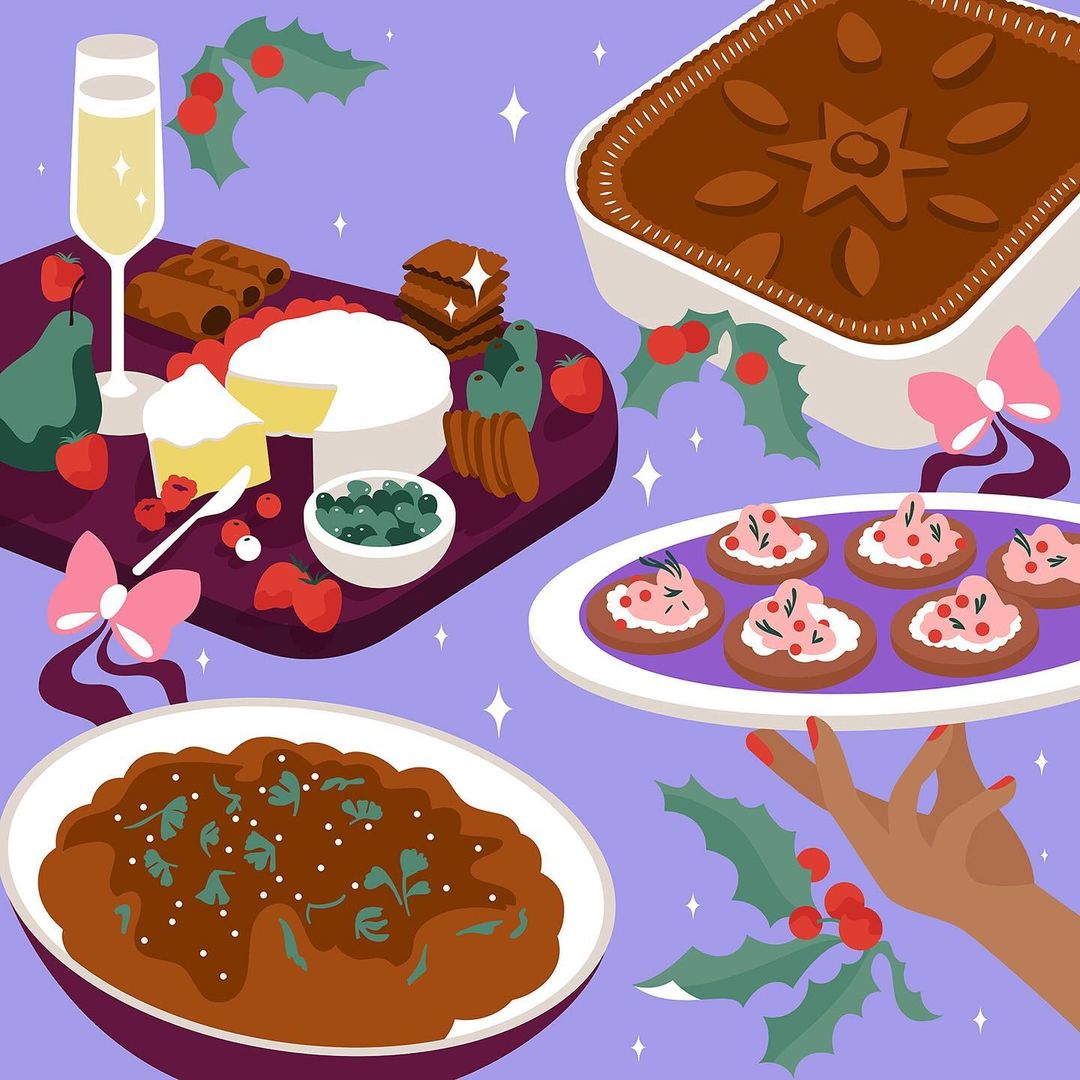 Festive illustration of holiday food including cheese, meat, desserts, crackers, pears, and champagne against a light purple background.