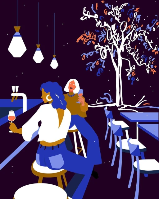 Illustration of two women at a bar with a tree in the background. One woman is seated at the bar while the other sits on a stool.