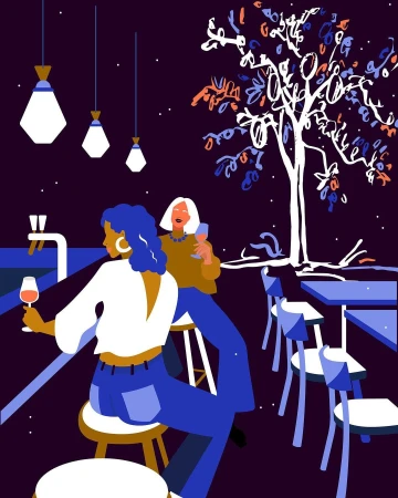 Illustration of two women at a bar with a tree in the background. One woman is seated at the bar while the other sits on a stool.