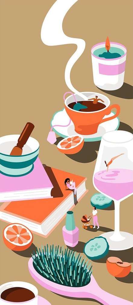 Whimsical illustration of miniature people interacting with large-scale beauty products, books, and food items in a surreal composition.