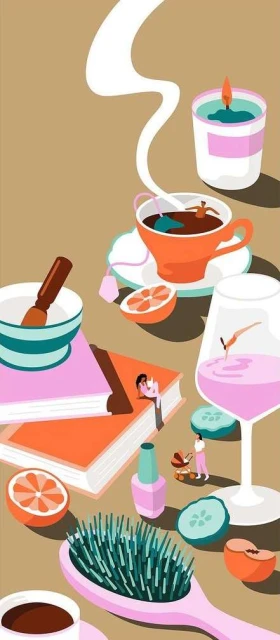 Whimsical illustration of miniature people interacting with large-scale beauty products, books, and food items in a surreal composition.