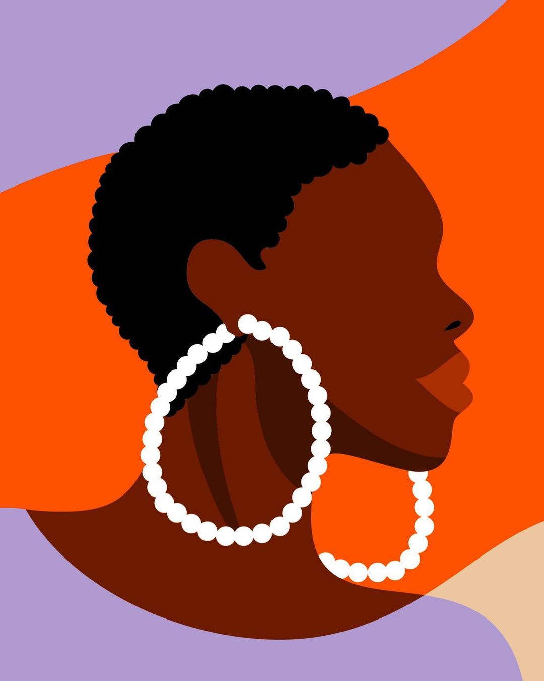 Illustration of a dark-skinned woman's profile with short black hair and large pearl hoop earrings against an orange and purple background.