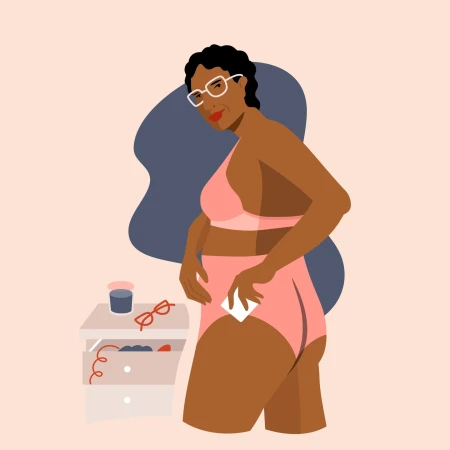 Illustration of a woman wearing pink underwear holding a white wipe near a nightstand against a pale pink background.
