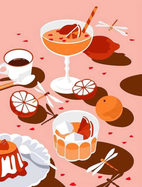 Illustration of cocktails, coffee, citrus fruit, and dessert with abstract insect designs on a pink surface with petal shapes.