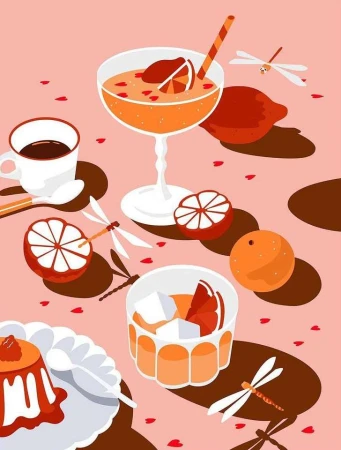 Illustration of cocktails, coffee, citrus fruit, and dessert with abstract insect designs on a pink surface with petal shapes.