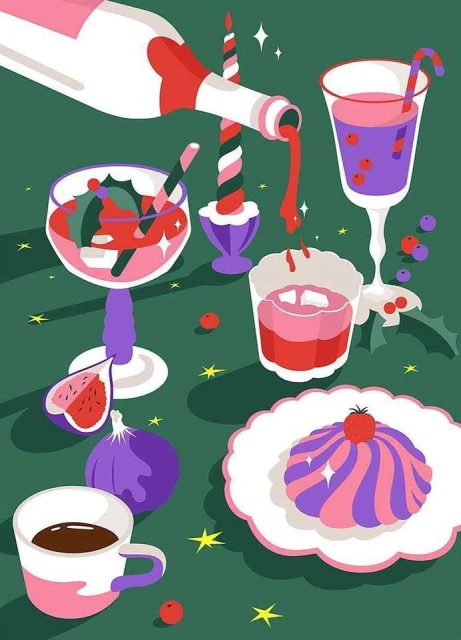Still life illustration features a bottle pouring red liquid into a glass, surrounded by fruits, a cup, and a dessert on a green surface.