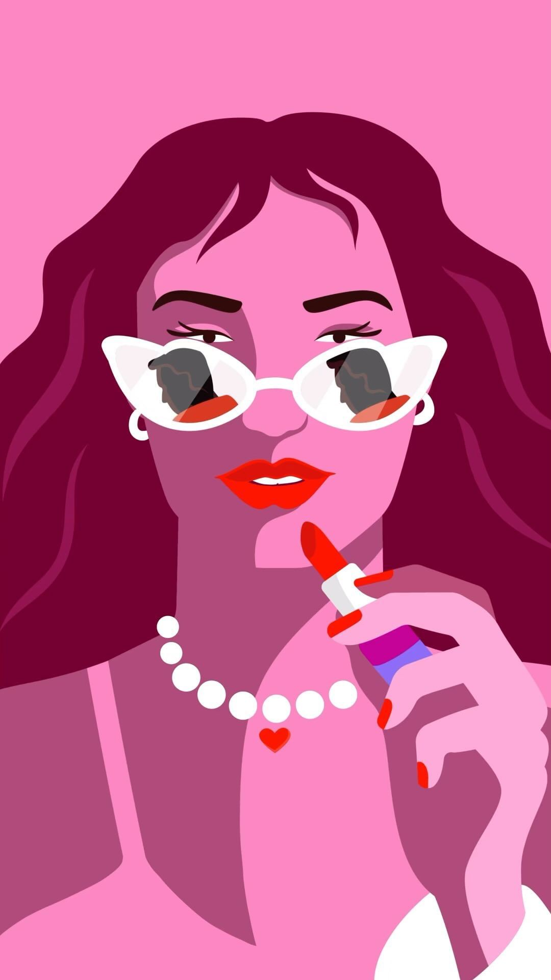 Illustration of a woman with pink skin and red lipstick, applying lipstick. She wears sunglasses and a pearl necklace with heart pendant.
